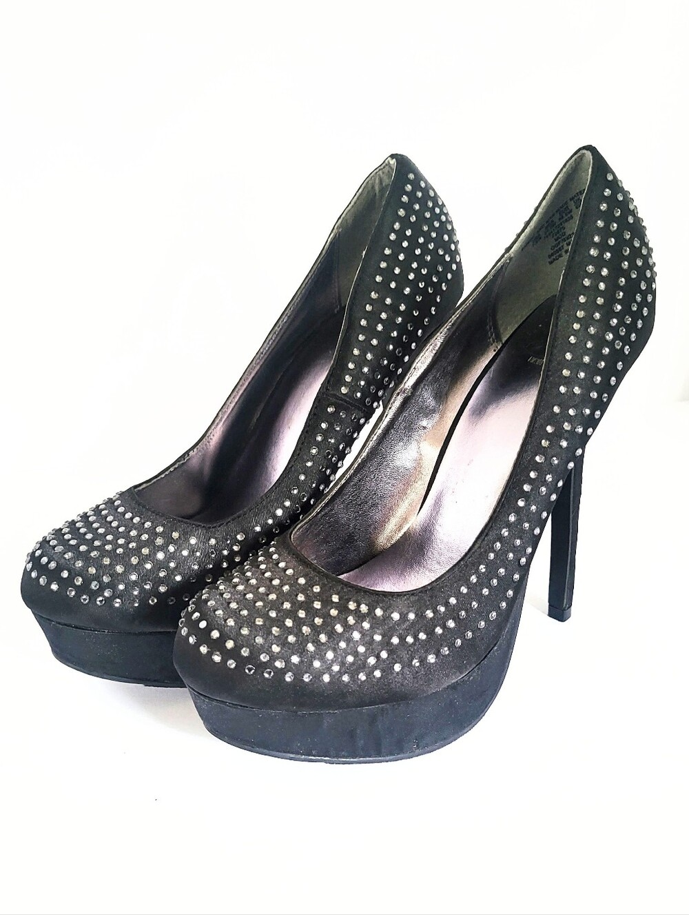SM New York Rhinestone Studded Black Satin Platform Stiletto Heels Size 7.5 W